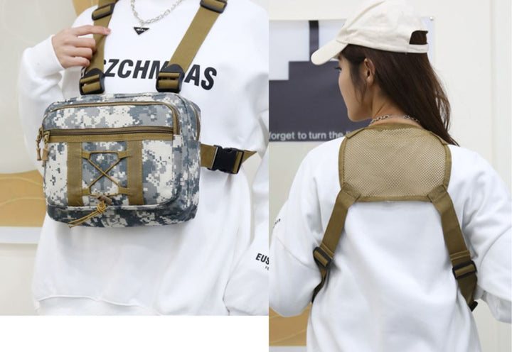 Multi-pocket tactical chest rig bag, water-resistant outdoor gear for men & women. Perfect for hiking.