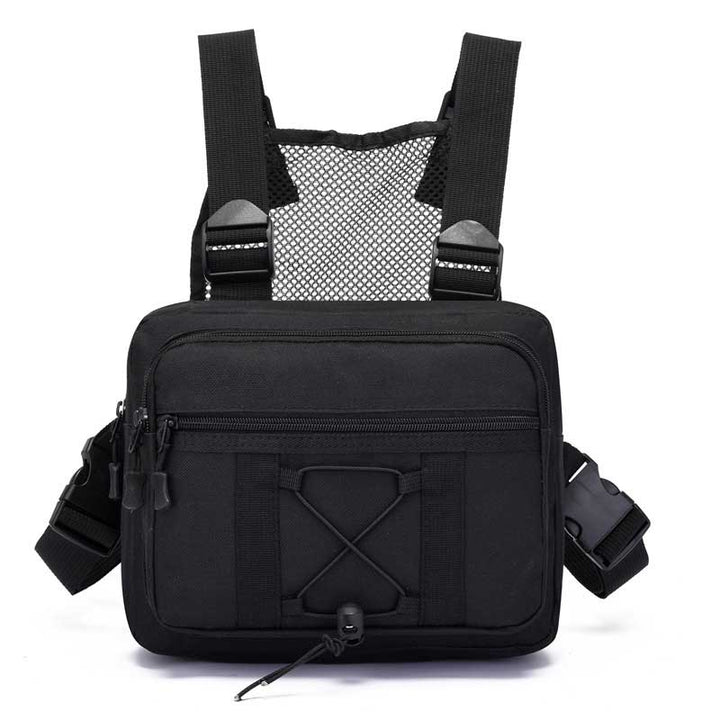 Heavy-duty water-resistant tactical chest rig. Unisex design, multi-pocket for hiking & outdoor gear.
