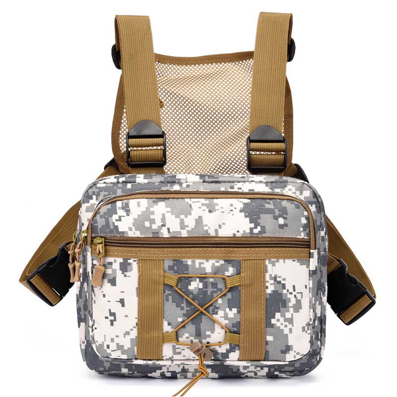 Water-resistant tactical chest rig bag. Durable outdoor gear with multi-pockets for unisex adventure.