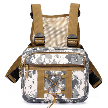 Water-resistant tactical chest rig bag. Durable outdoor gear with multi-pockets for unisex adventure.