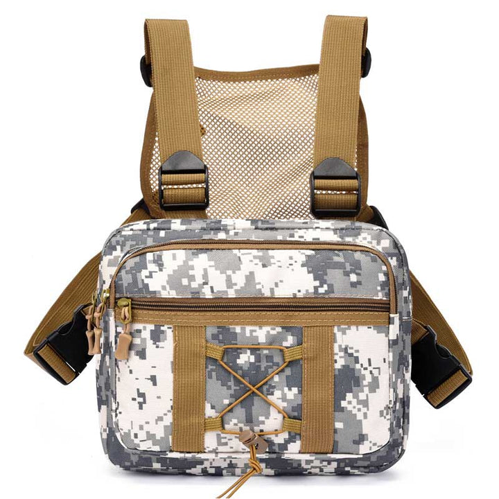 Water-resistant tactical chest rig bag. Durable outdoor gear with multi-pockets for unisex adventure.