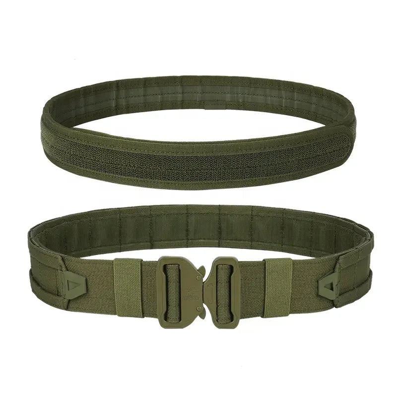 Full view of tactical combat belt with multiple Molle pouches, heavy-duty outdoor equipment for men and women