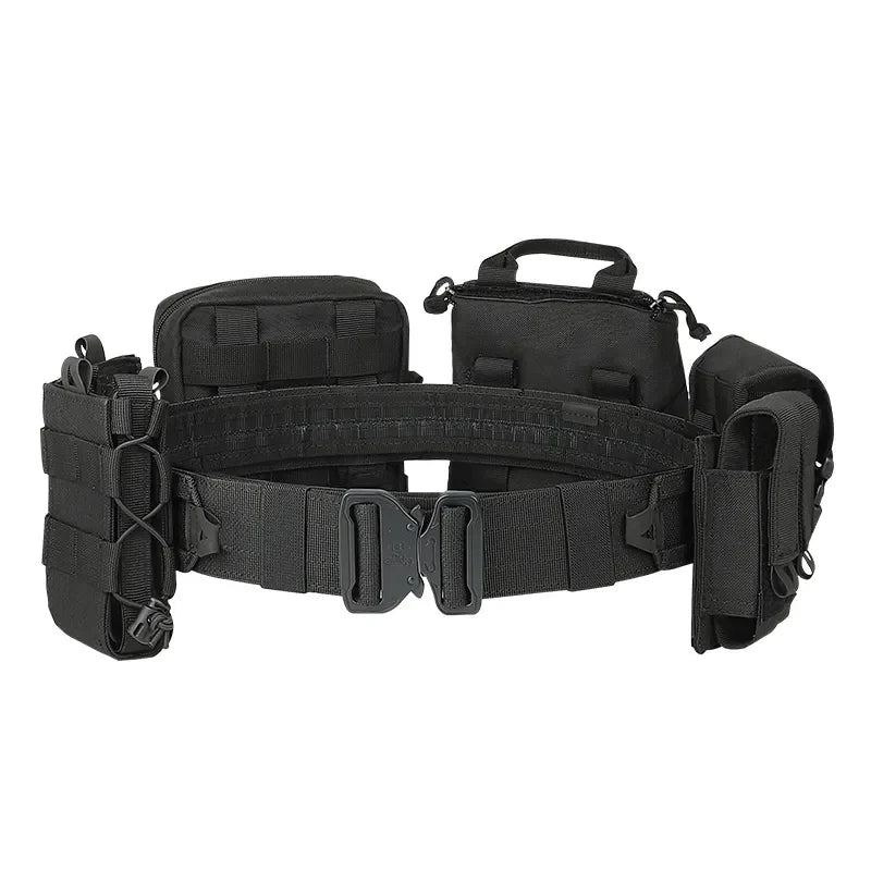 Side view of unisex tactical combat belt, showcasing secure Molle pouches and rugged design for outdoors