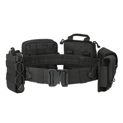 Side view of unisex tactical combat belt, showcasing secure Molle pouches and rugged design for outdoors