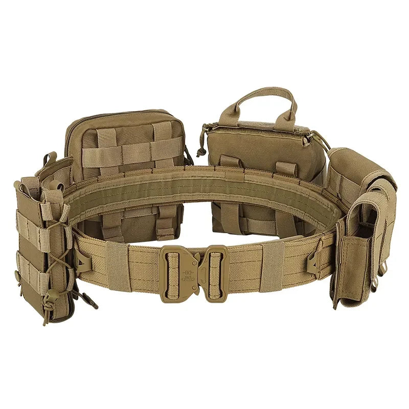 Combat gear tactical belt with interchangeable Molle system pouches, perfect for range gear and outdoor activities
