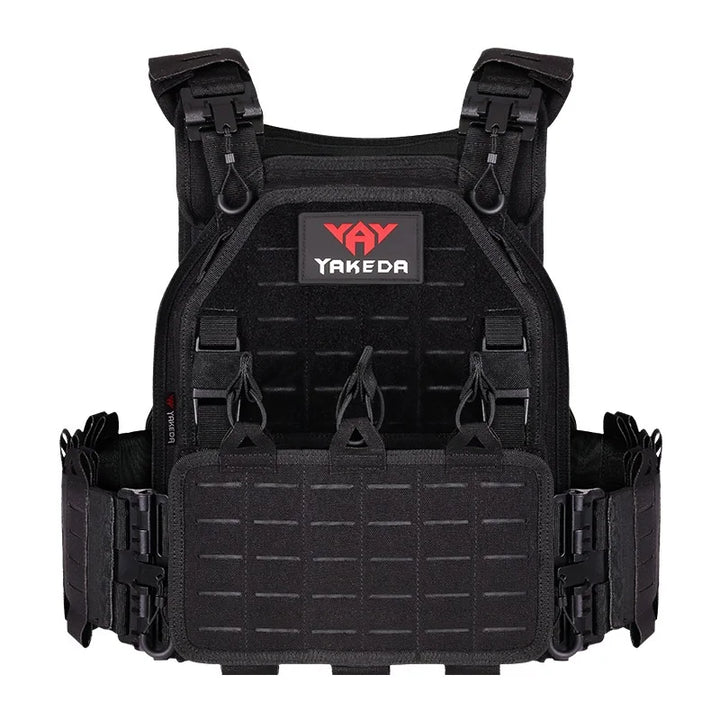 Camo tactical plate carrier vest with integrated pouches, ready for airsoft or combat