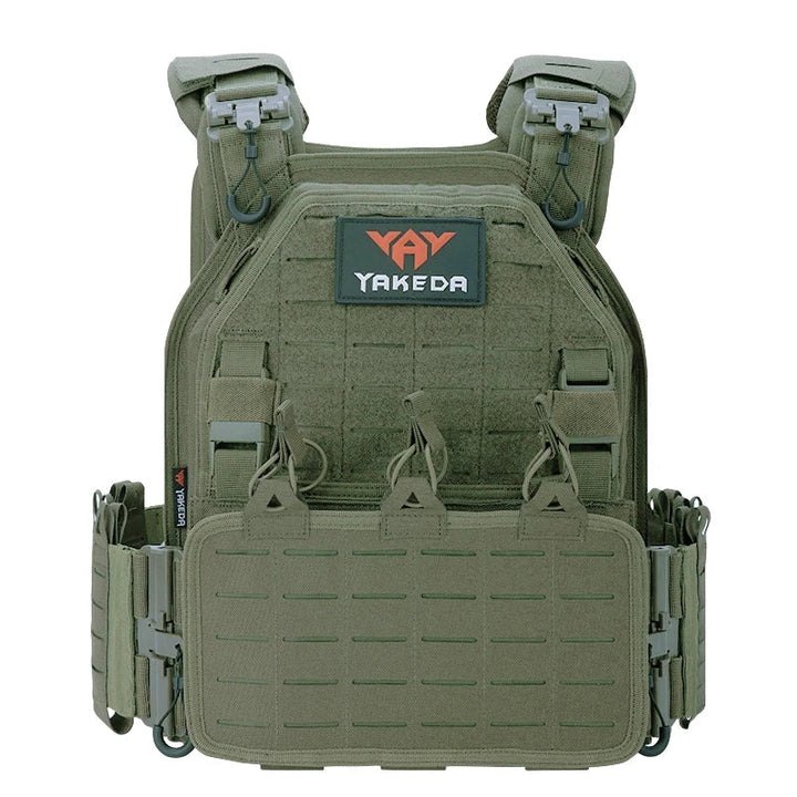Flat lay of a disassembled tactical combat vest showing adjustable components and MOLLE