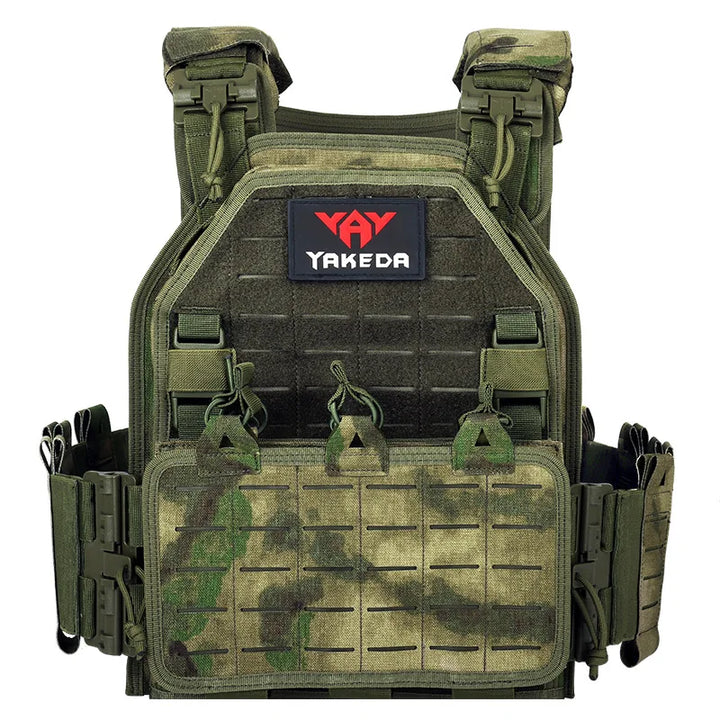 Front view of black adjustable tactical plate carrier combat vest with MOLLE system