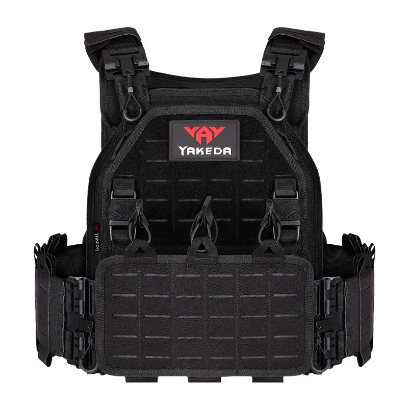 Camo tactical vest plate carrier with front pouches, durable and adjustable for outdoor gear