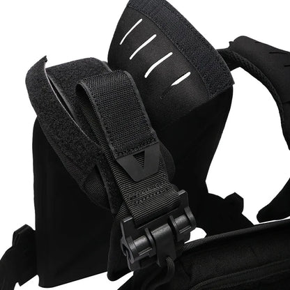 Rear view of unisex combat vest, adjustable plate carrier with strong MOLLE webbing