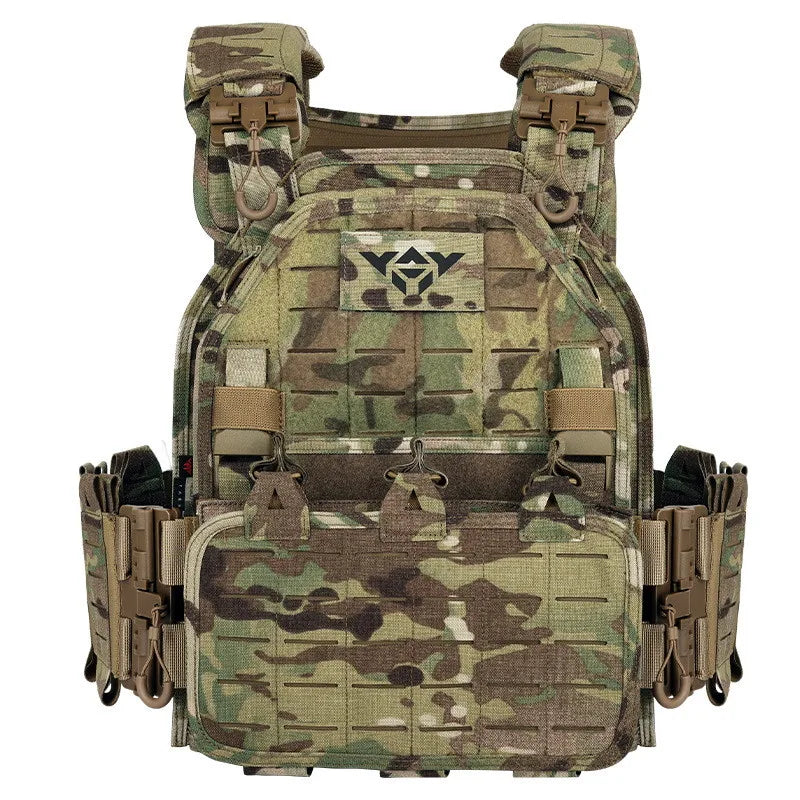 MOLLE webbing detail on a tactical vest, versatile plate carrier for outdoor gear