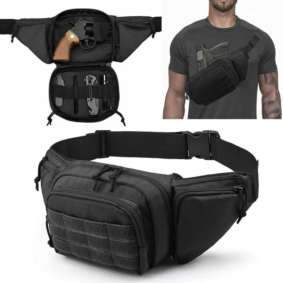 Unisex tactical concealed carry waist pack in olive drab with front pockets and molle webbing