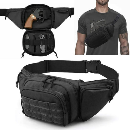 Unisex tactical concealed carry waist pack in olive drab with front pockets and molle webbing