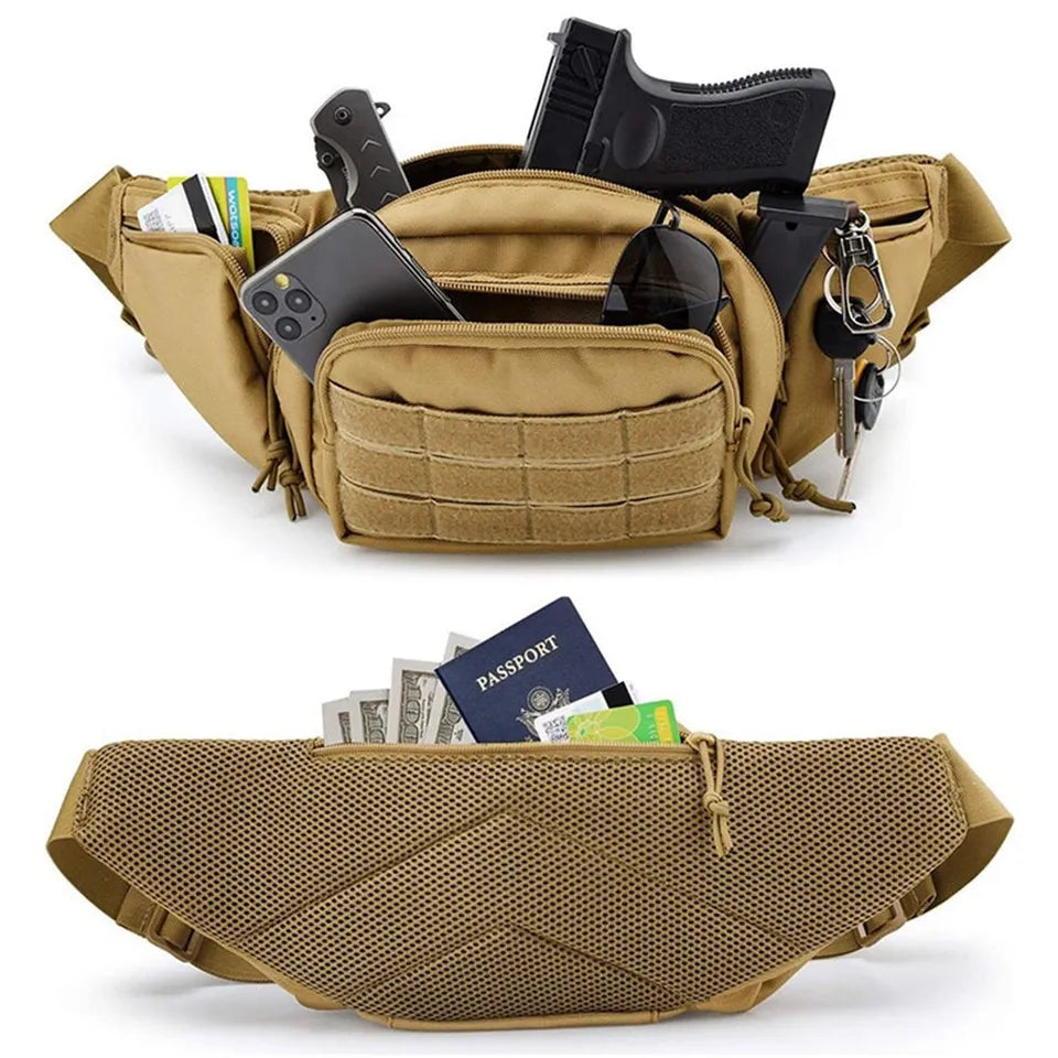 Camouflage military style fanny pack with a discreet compartment for concealed carry