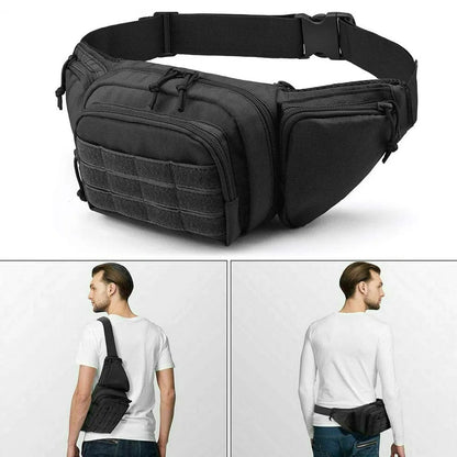 Black tactical fanny pack for concealed carry with adjustable strap and multiple compartments
