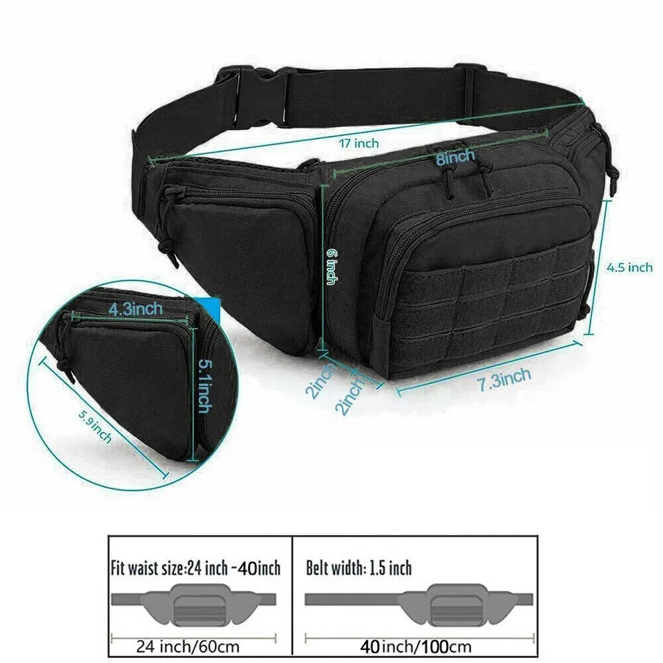 Close-up of a rugged concealed carry waist pack showing durable material and zippers