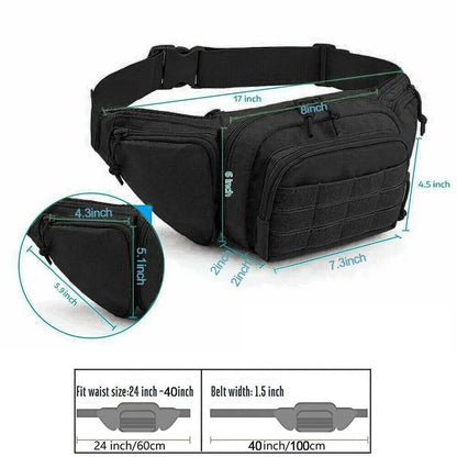Close-up of a rugged concealed carry waist pack showing durable material and zippers