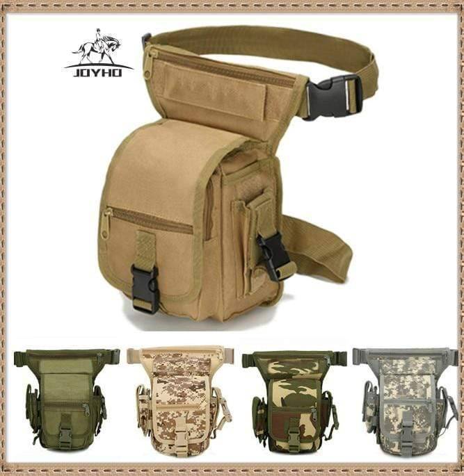 Unisex tactical drop leg bag in black, ideal for hunting and hiking, with multiple pockets.