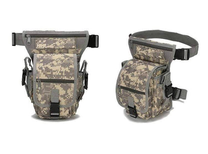 Hunting drop leg bag, military-style, worn on a leg, perfect for outdoor survival gear.