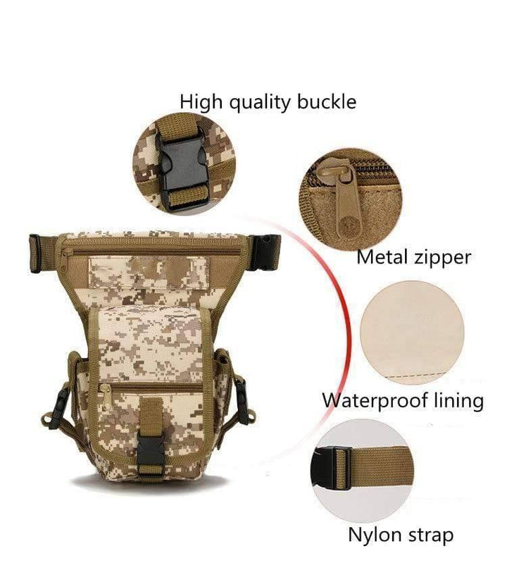 Black tactical waist pack and drop leg bag combo for hiking enthusiasts, and outdoor adventures.