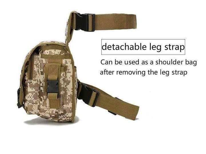 Military-grade drop leg bag, versatile for tactical use or hiking, with adjustable straps.