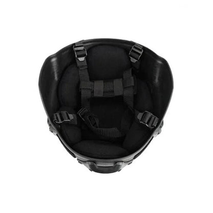 Camo tactical FAST helmet, durable head protection for paintball and outdoor gear.