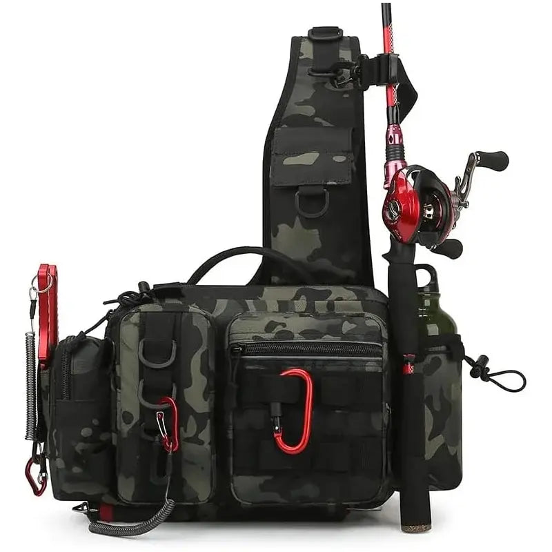 Unisex tactical fishing backpack with rod holder, large storage for angler gear, waterproof material