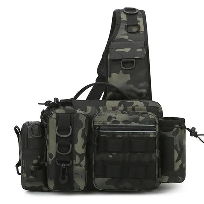 Waterproof tactical fishing backpack with adjustable rod holder, versatile for any fishing trip