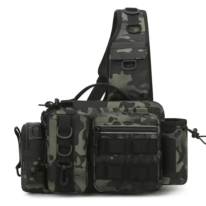 Waterproof tactical fishing backpack with adjustable rod holder, versatile for any fishing trip