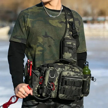 Waterproof tactical fishing backpack for anglers, featuring integrated rod holder and tackle storage
