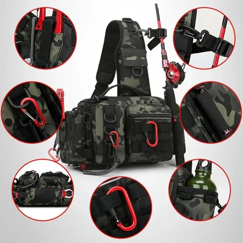 Fishing tackle bag, unisex design, with multiple compartments and rod holder for outdoor fishing