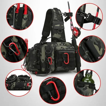 Fishing tackle bag, unisex design, with multiple compartments and rod holder for outdoor fishing