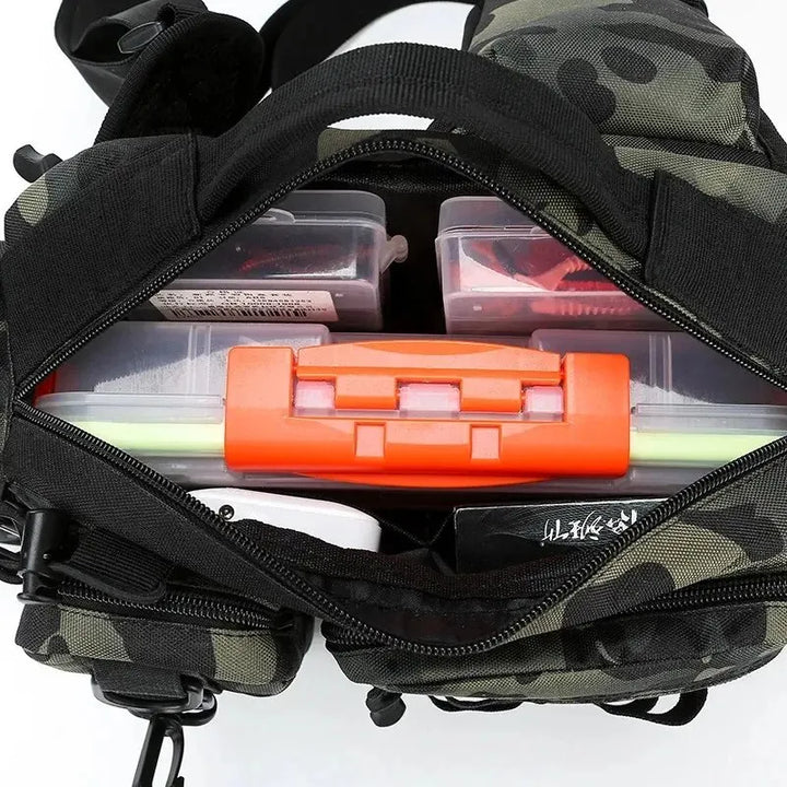 Durable tactical fishing backpack with secure rod holder, ideal for storing angler equipment