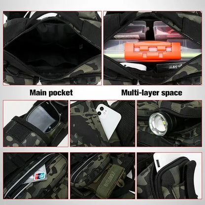 Angler gear backpack, unisex, showcasing a dedicated rod holder and waterproof construction