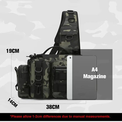 Outdoor fishing storage backpack, tactical style, with integrated rod holder and ample space
