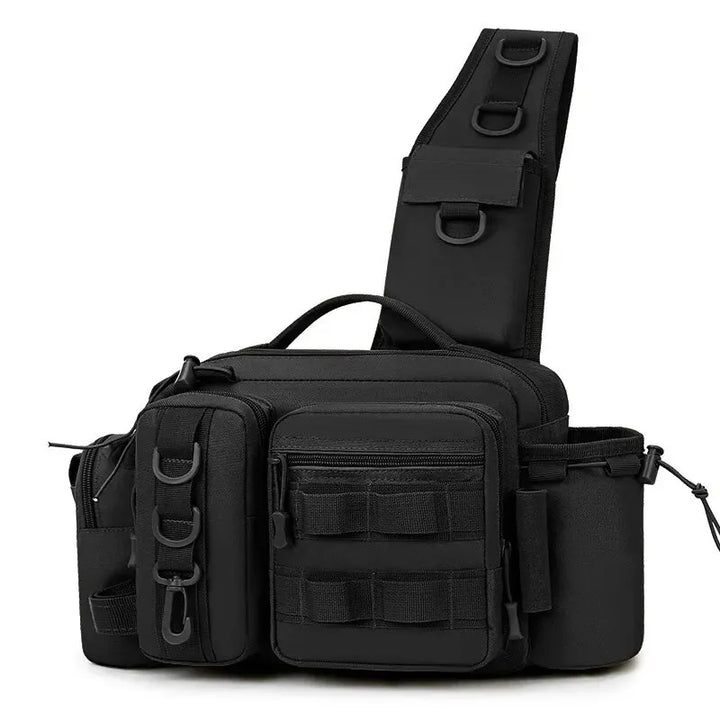 Tactical fishing backpack for men and women, featuring a rod holder and robust design