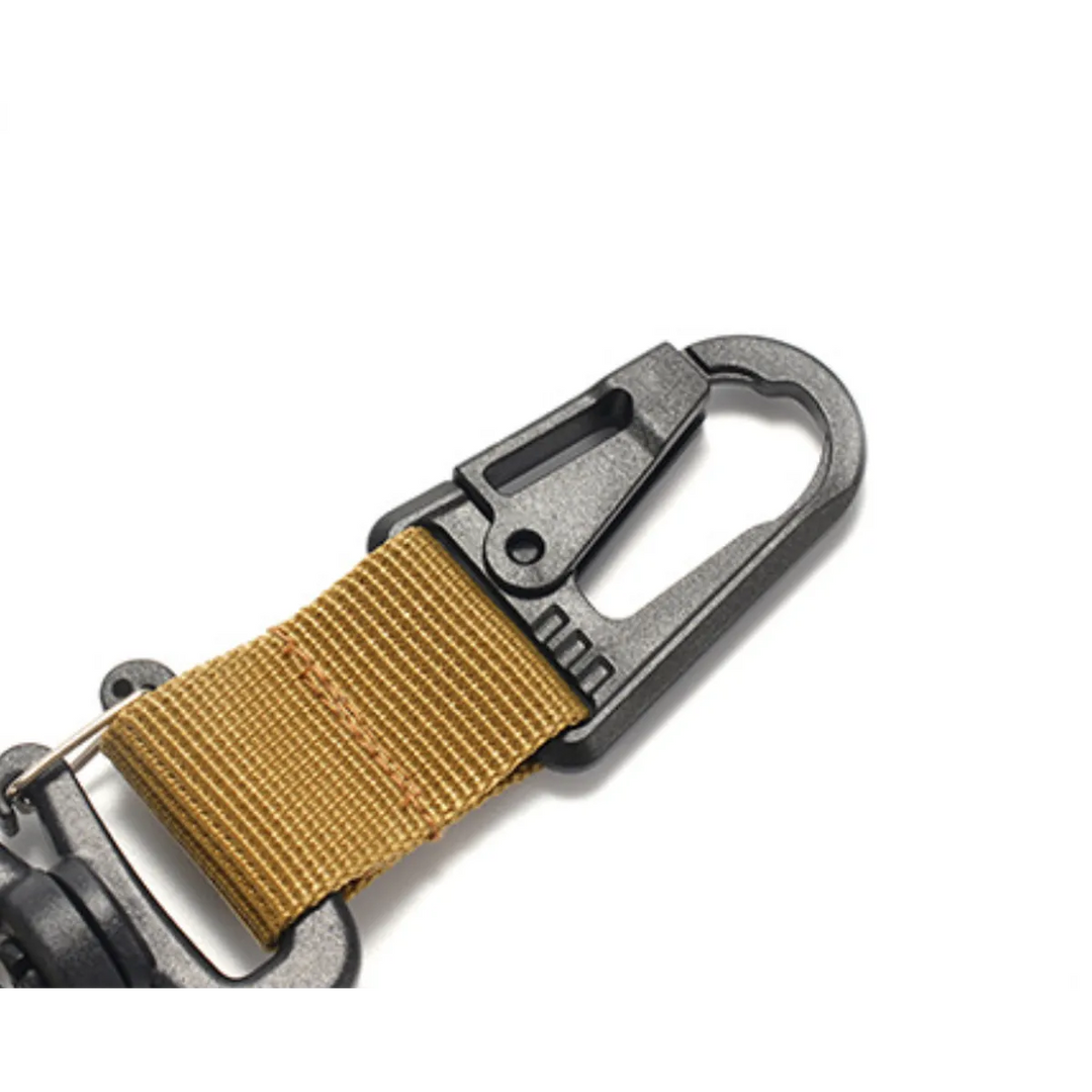 Unisex tactical gear strap hook on a belt, practical utility clip for hands-free outdoor access