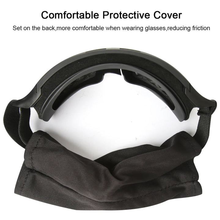 Close-up of tactical goggles showing interchangeable lens mechanism, anti-fog coating for sports eyewear.
