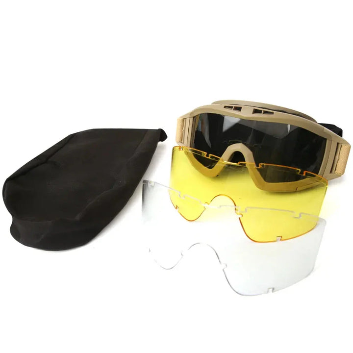 Tactical goggles worn by a person, demonstrating fit & coverage for airsoft, paintball or cycling.