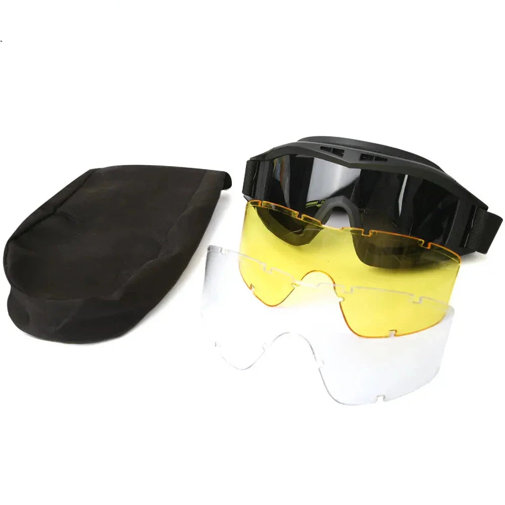 Unisex protective eyewear: tactical goggles in a protective carrying case with all 3 anti-fog lenses.