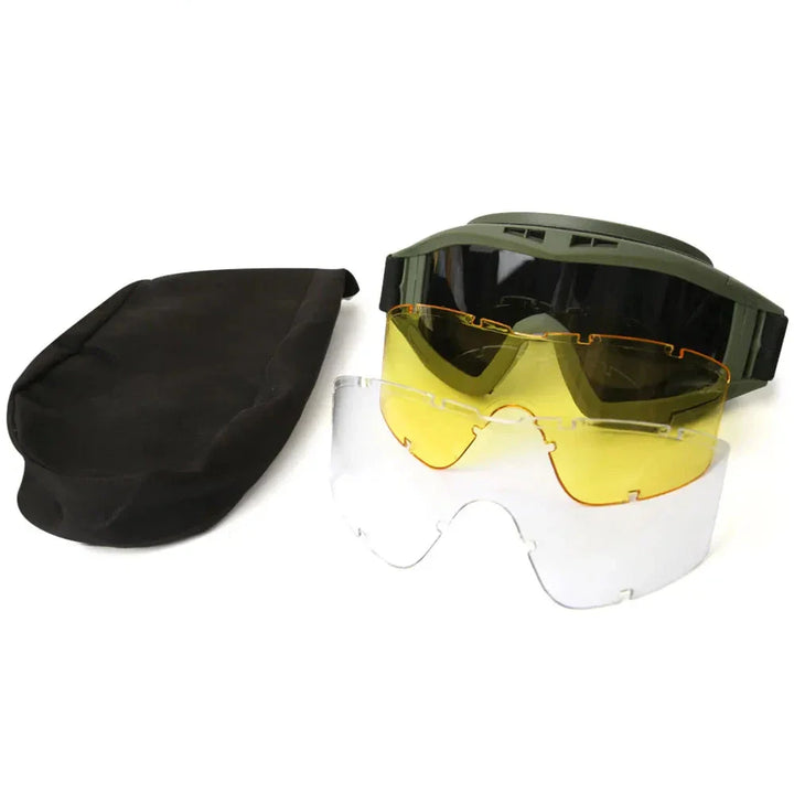Studio shot of tactical goggles highlighting anti-fog lenses and rugged design for extreme sports.