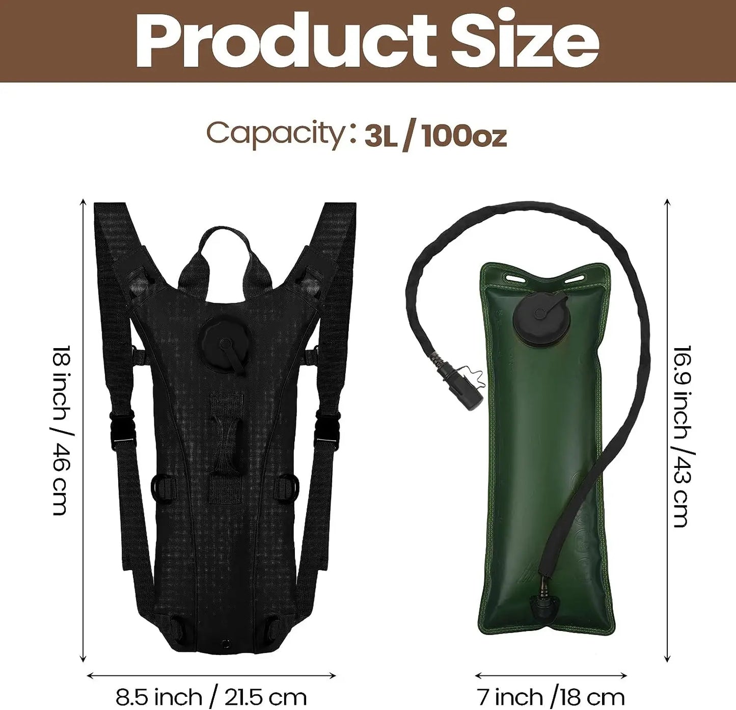 Detail of the bite valve and hose on a tactical hydration backpack, 3 liter water carrier system