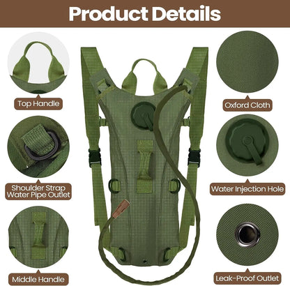 Front view of an outdoor hydration backpack, 3L water bladder inside, perfect for long treks & cycling