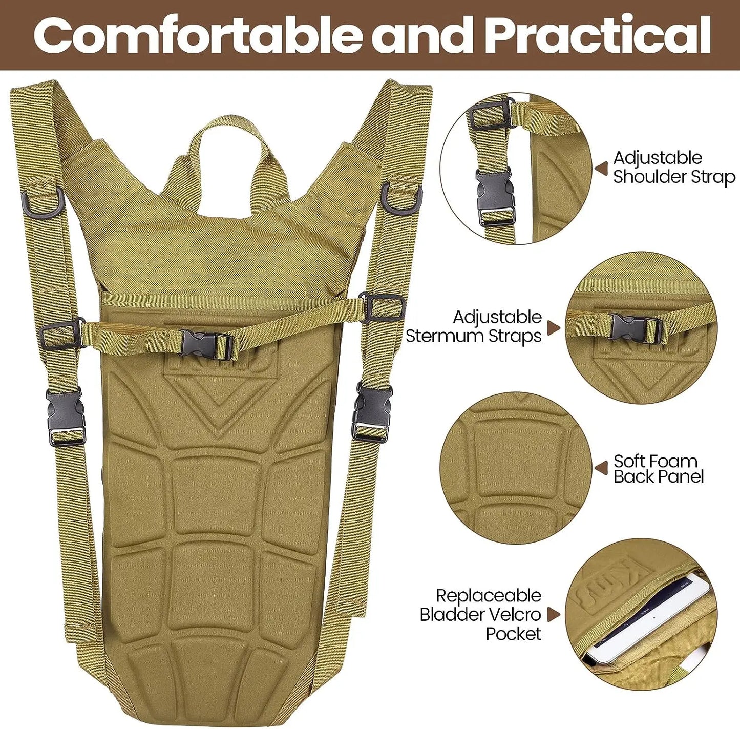 Tactical gear hydration pack in use, worn by a hiker, showcasing its full capacity 3L bladder