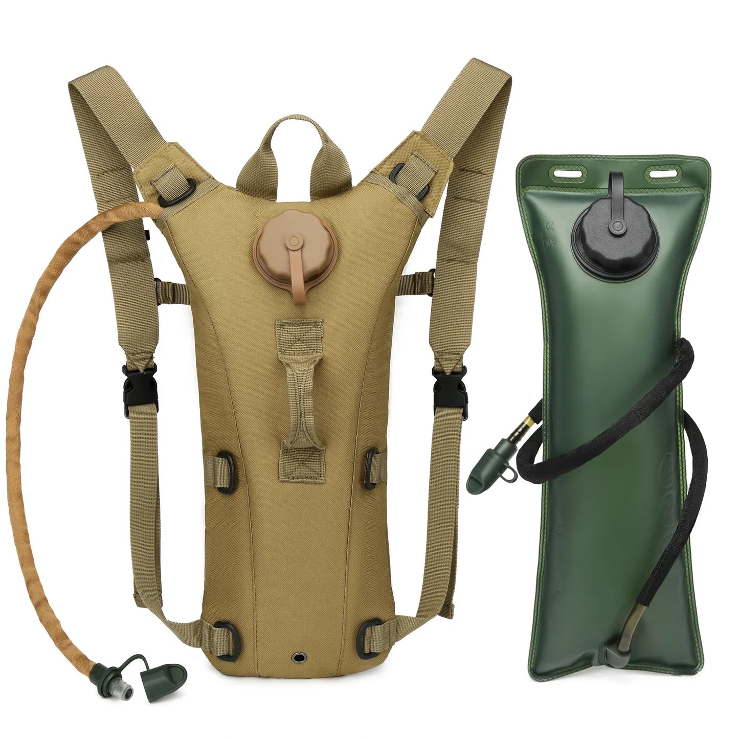 Adventure gear: Black tactical hydration pack with 3L water bladder in a forest setting