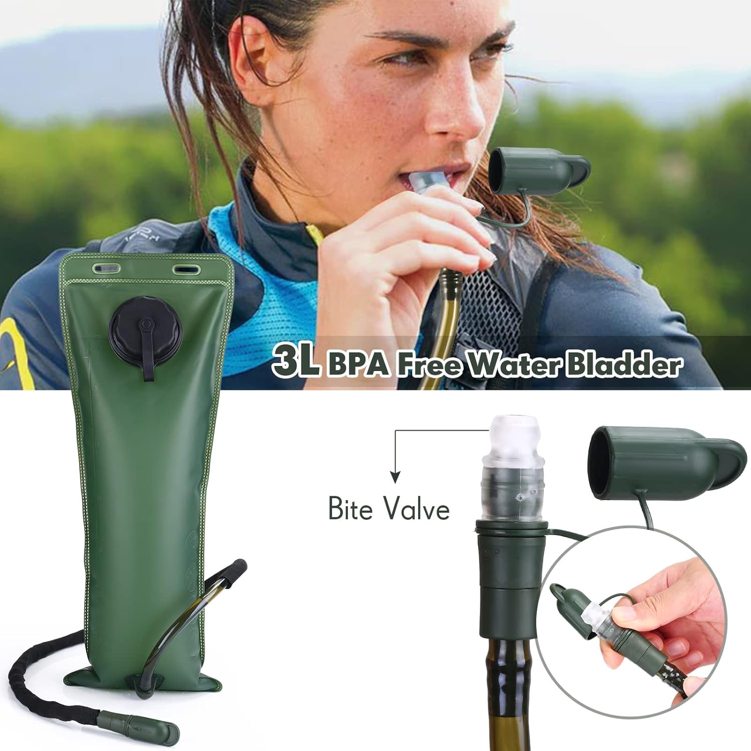 Tactical hydration pack with 3-liter bladder in main compartment, detailed view of opening