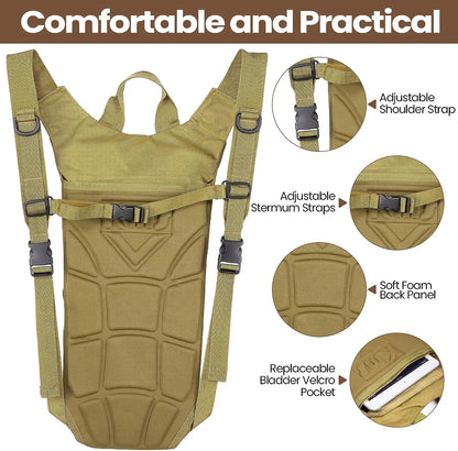 3L hydration bladder removed from the tactical pack, showing the drinking tube and mouthpiece