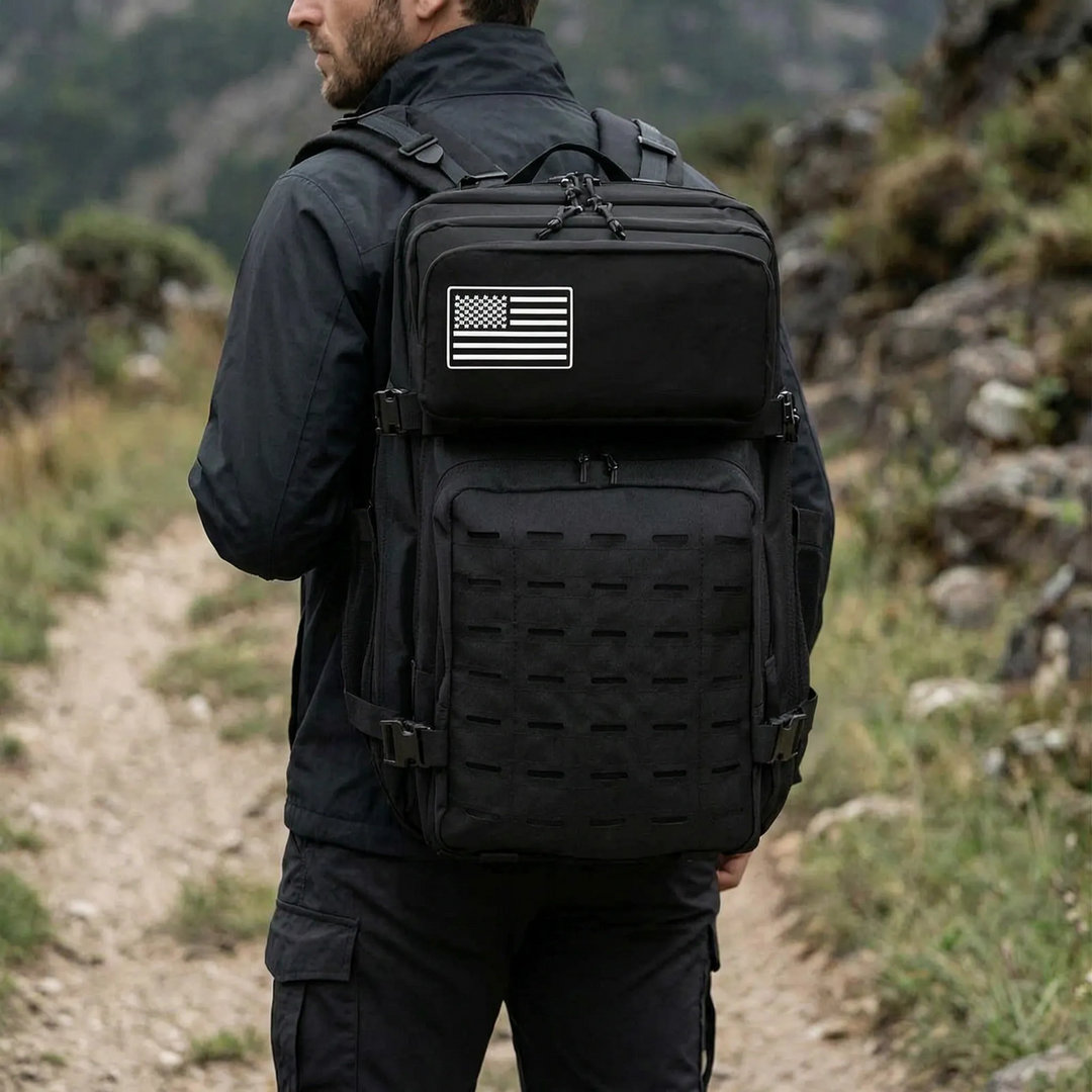 Unisex tactical MOLLE backpack, large capacity for hiking, camping, and outdoor adventures. Durable military-style rucksack.