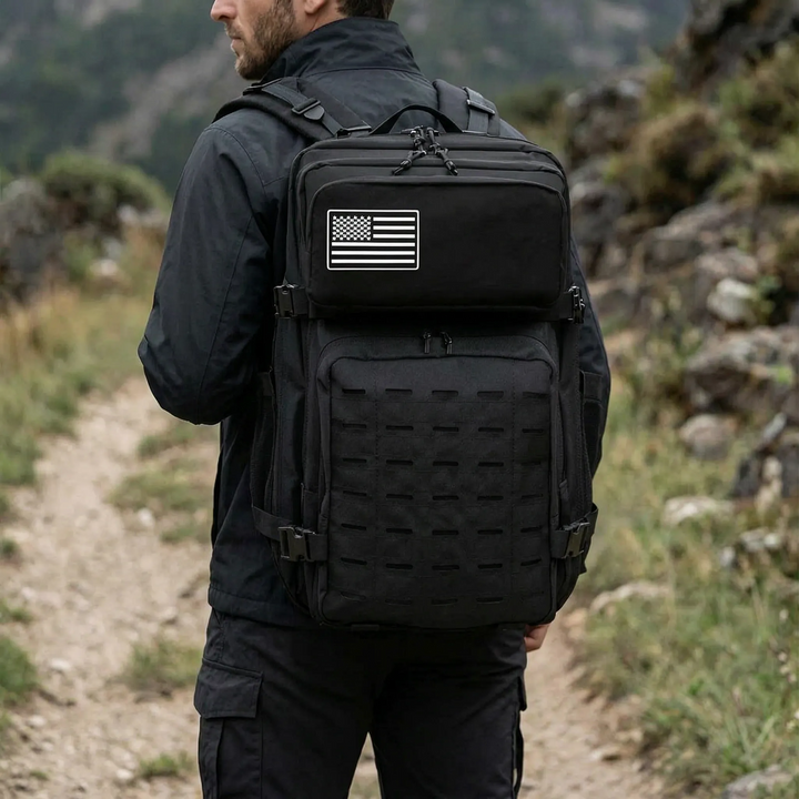 Unisex tactical MOLLE backpack, large capacity for hiking, camping, and outdoor adventures. Durable military-style rucksack.
