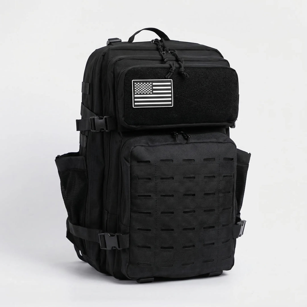 Unisex adventure backpack, large capacity tactical MOLLE design. Durable hiking & travel rucksack for outdoor gear.